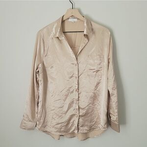 Aeom Satin Button Down Top in Nude Size Medium